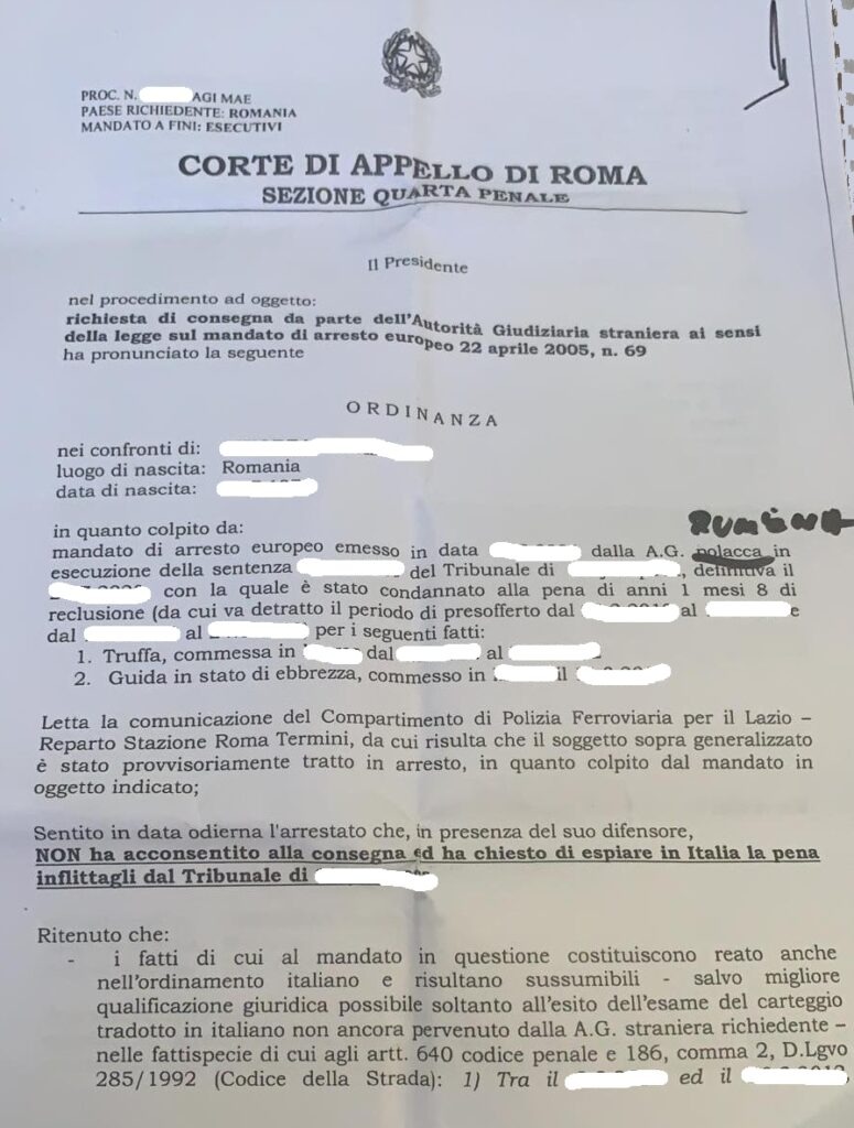 Richiesta consegna mandato di arresto europeo