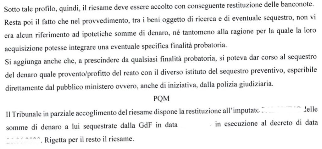 Dissequestro denaro in caso di spaccio