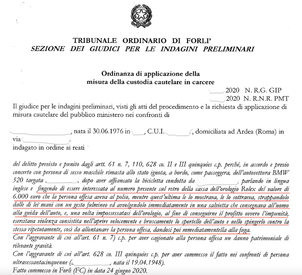 Ordinanza di applicazione della misura della custodia cautelare in carcere