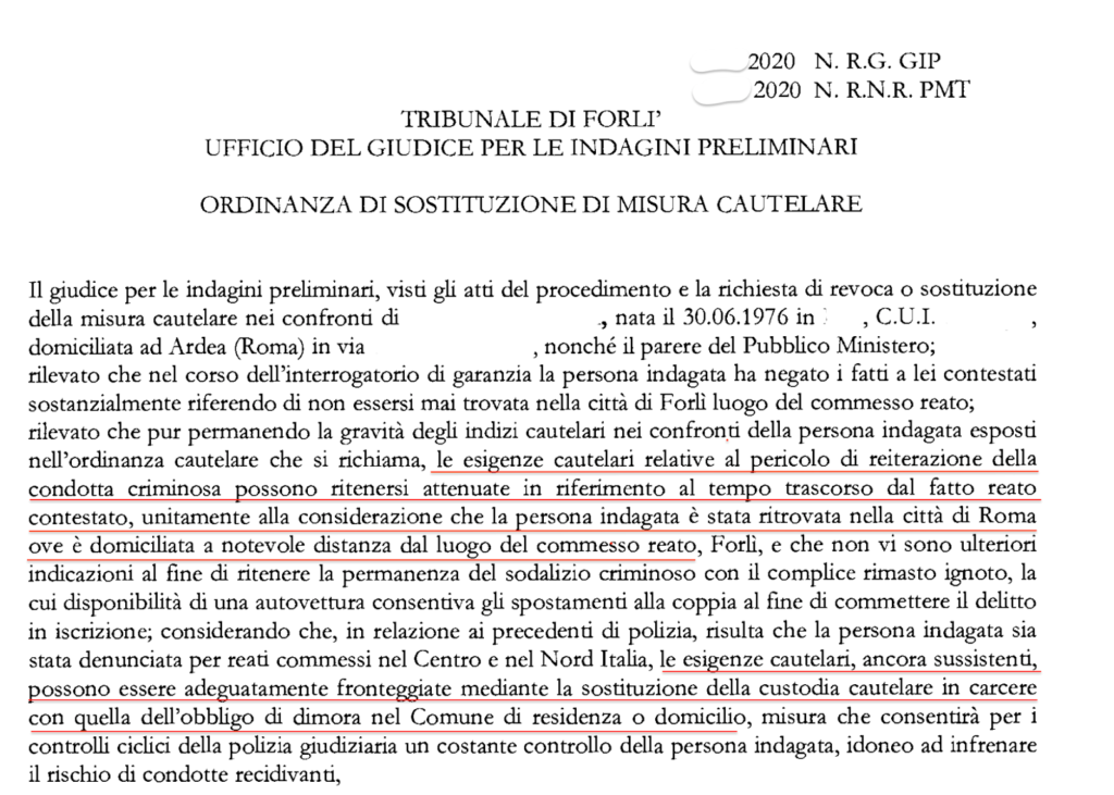 Ordinanza di sostituzione di misura cautelare
