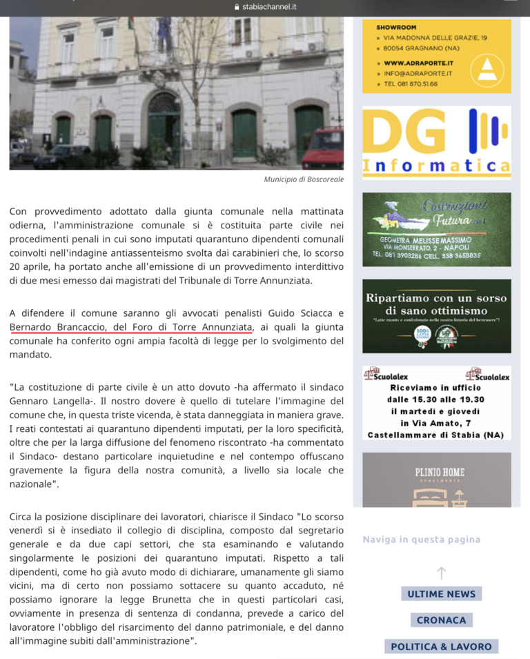 Boscoreale - Inchiesta antiassenteismo. l’amministrazione si costituisce parte civile