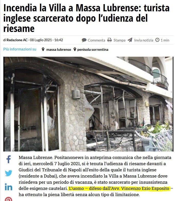Incendia la Villa a Massa Lubrense: turista inglese scarcerato dopo l’udienza del riesame. L’uomo – difeso dall’Avv. Vincenzo Ezio Esposito – ha ottenuto la piena libertà senza alcun tipo di limitazione.