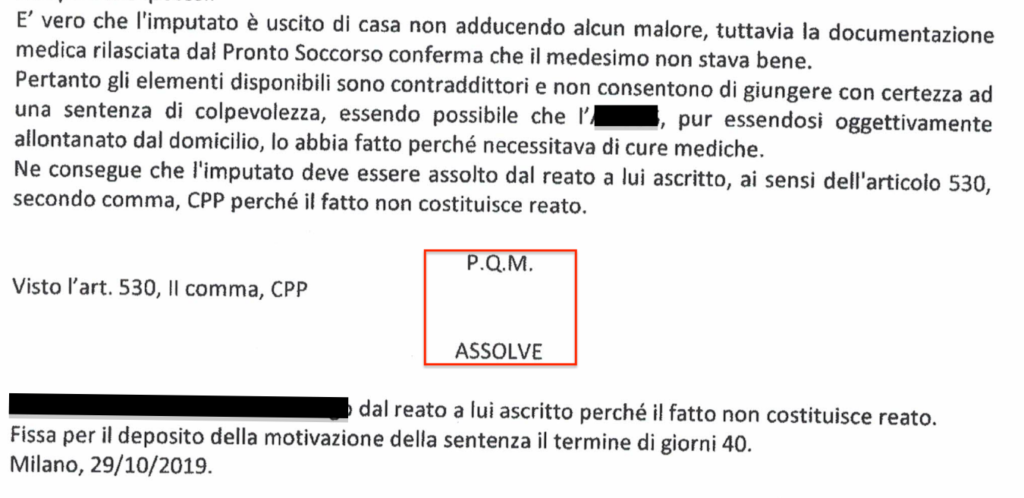 Assoluzione del nostro assistito perché il fatto non costituisce reato