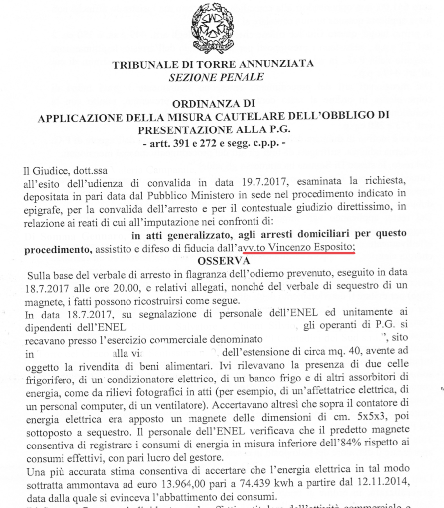 Ordinanza cautelare per furto di energia elettrica