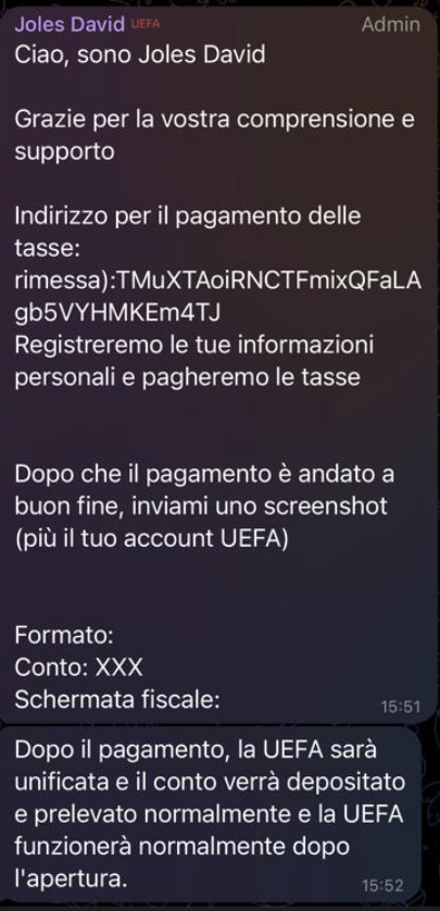 messaggio investimento online Uefa