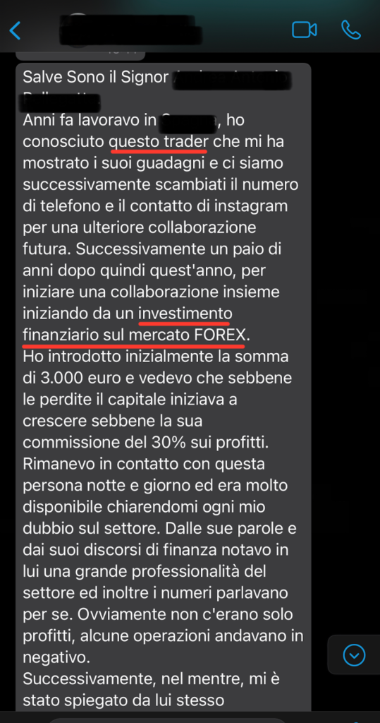 Messaggio whatsapp con la richiesta di aiuto per truffa online dopo aver versato la somma di euro 200.000