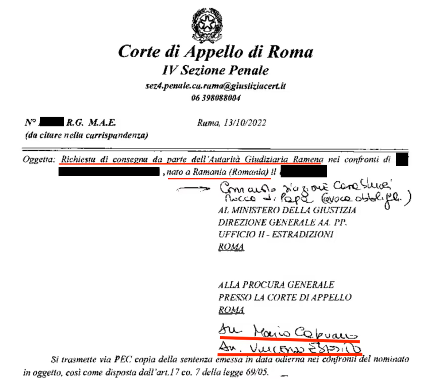 richiesta consegna mandato cattura Romania
