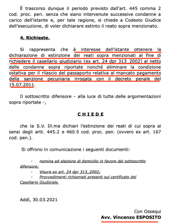 richiesta estinzione reati 